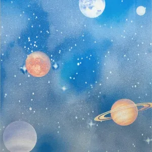 Blue Window Privacy Film Stained Glass Door Film Decorative Galaxy Planet Static Cling UV Blocking Non-Adhesive Covering Stickers Tints for Kids Bedroom,23.6 inches by 118 inches