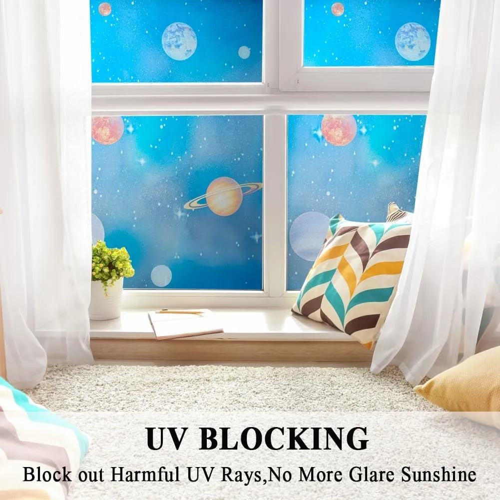 Blue Window Privacy Film Stained Glass Door Film Decorative Galaxy Planet Static Cling UV Blocking Non-Adhesive Covering Stickers Tints for Kids Bedroom,23.6 inches by 118 inches