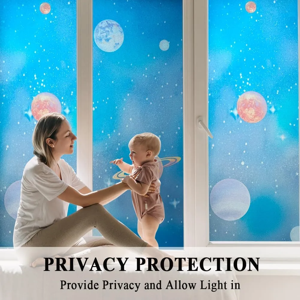 Blue Window Privacy Film Stained Glass Door Film Decorative Galaxy Planet Static Cling UV Blocking Non-Adhesive Covering Stickers Tints for Kids Bedroom,23.6 inches by 118 inches