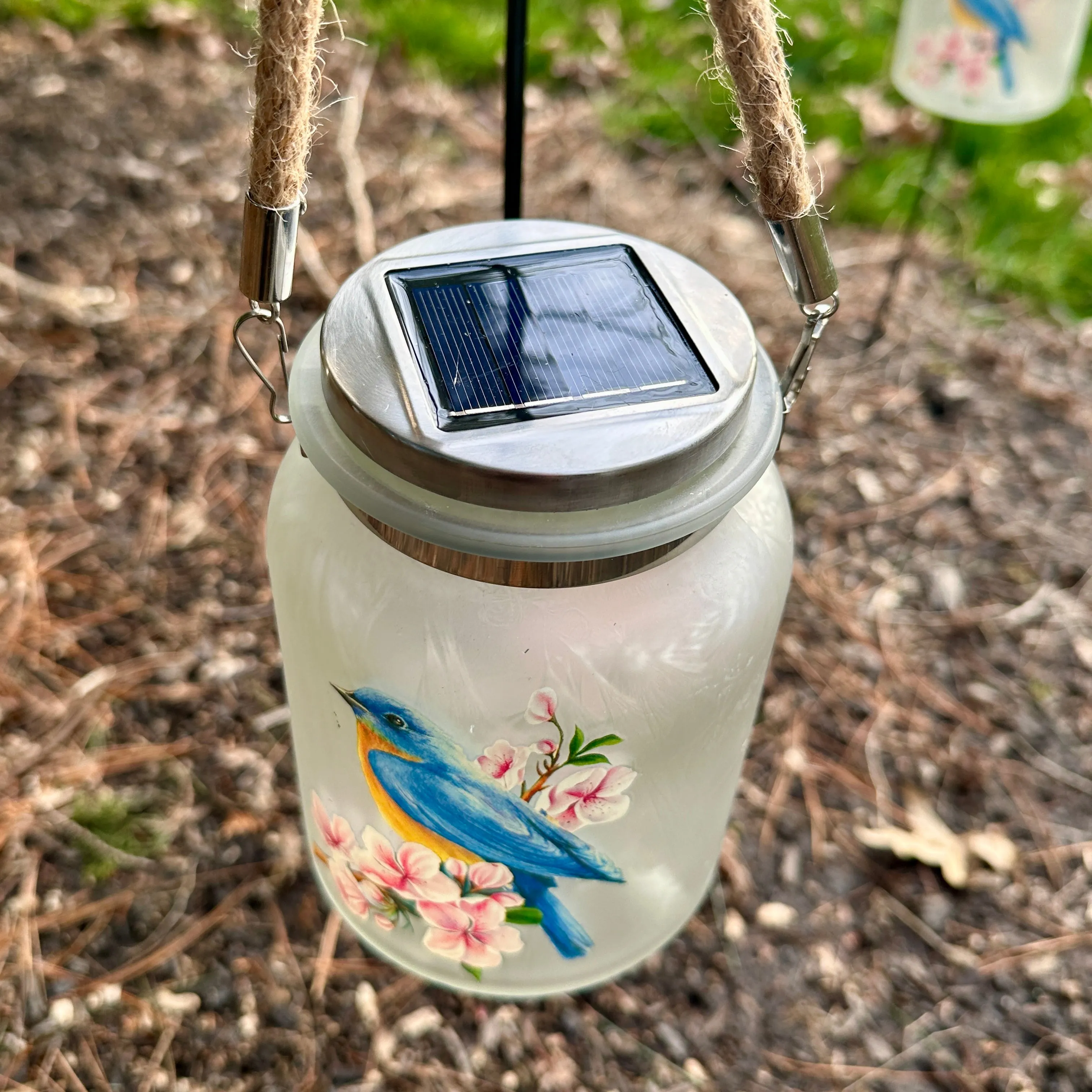 Bluebird Solar Hanging Glass Jar Lantern with 30" Stake