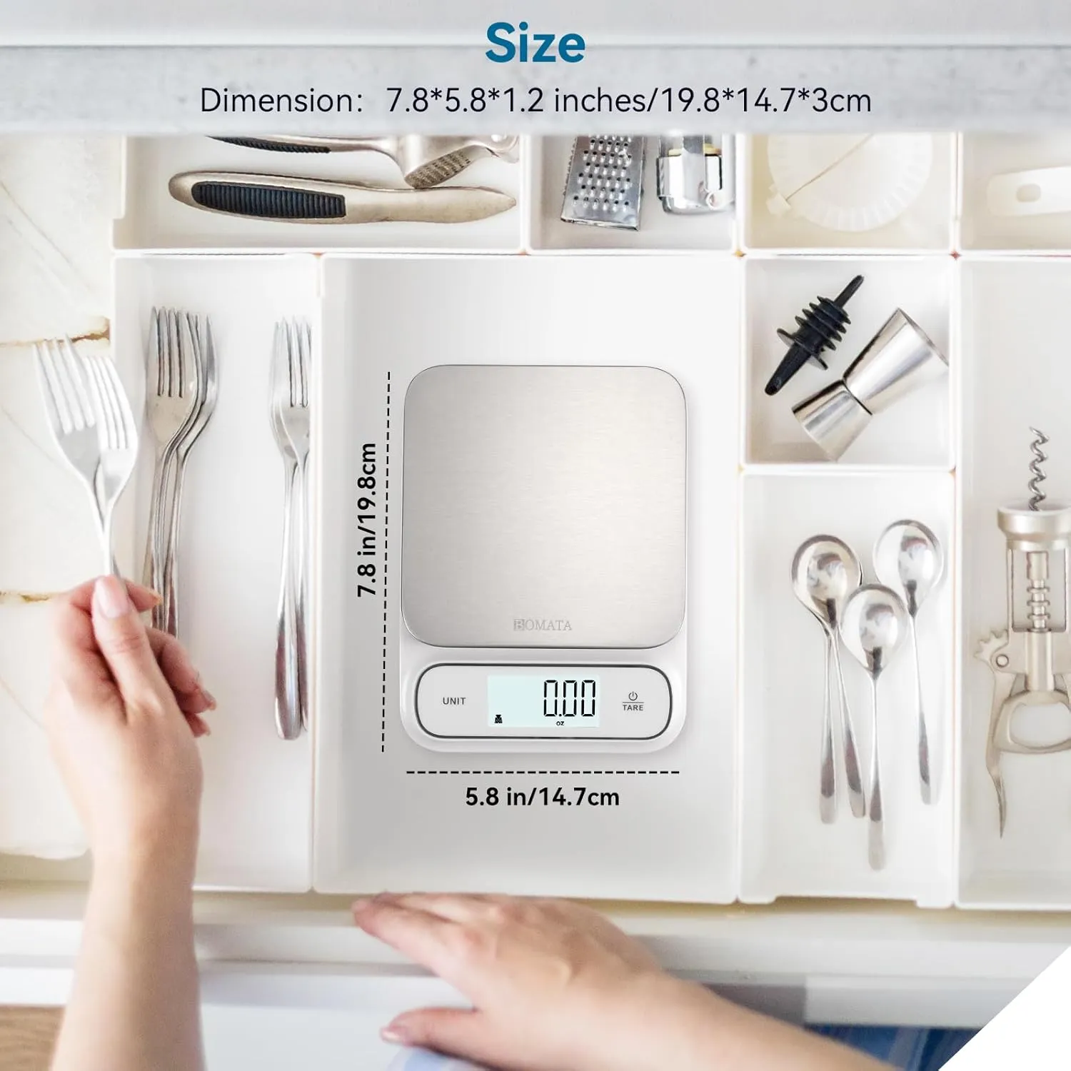 BOMATA Waterproof IPX6 Kitchen Scale, 0.1 g/0.01 oz High Precision, 5 kg/11 lbs, Digital Scale with Backlight, Stainless Steel Weighing Platform, for Food, Cooking, Baking, Weight Loss.. B619, White