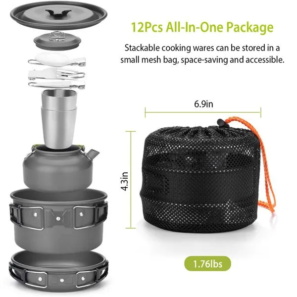 CampGrub™ 12-Piece Outdoor Cookware Set – Pot, Pan, Kettle & Utensils Kit
