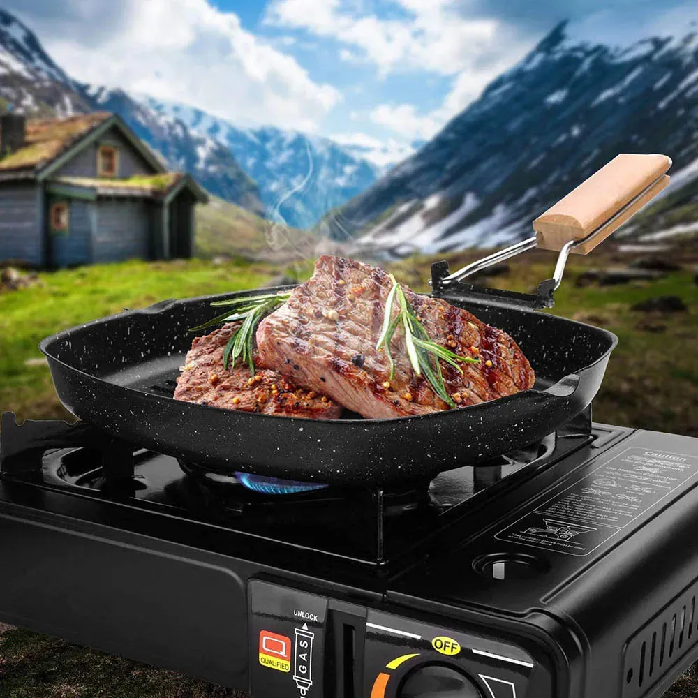 Camping Cookware Frying Pan Durable Non-Stick Grilling Pan with Folding Handle
