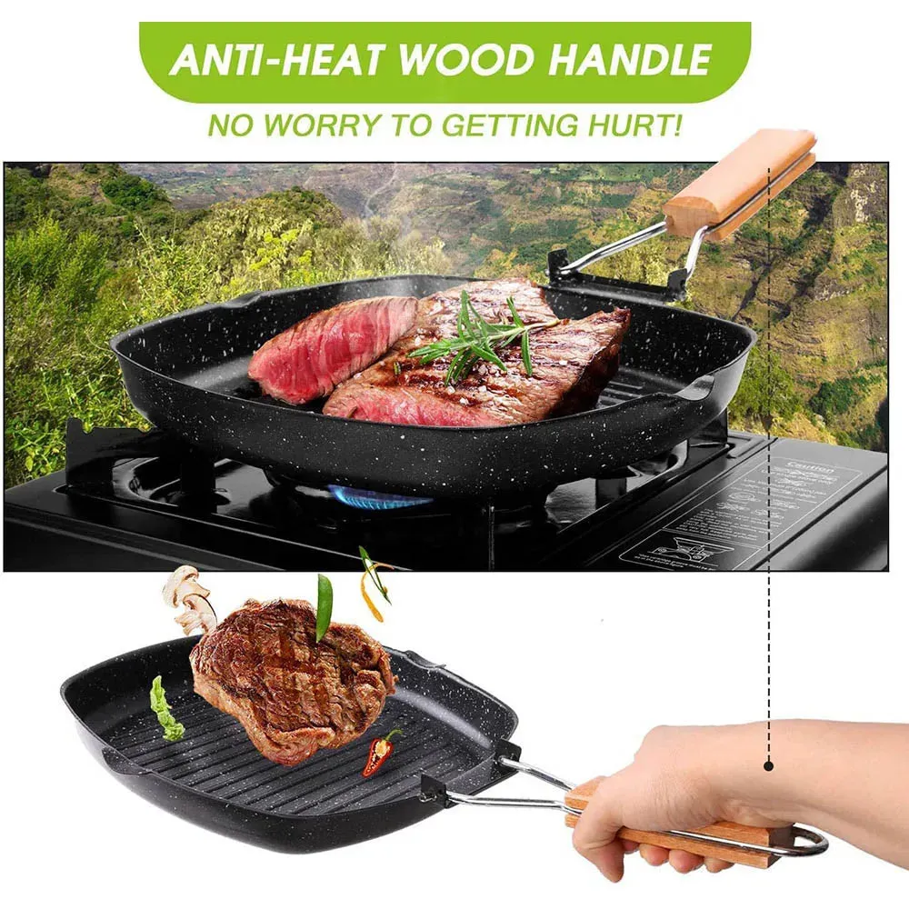Camping Cookware Frying Pan Durable Non-Stick Grilling Pan with Folding Handle
