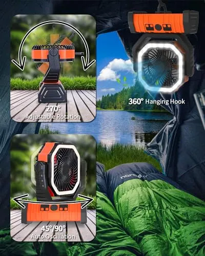Camping Fan Battery Operated Powered Fan w/ LED Lantern Light 20000mAh