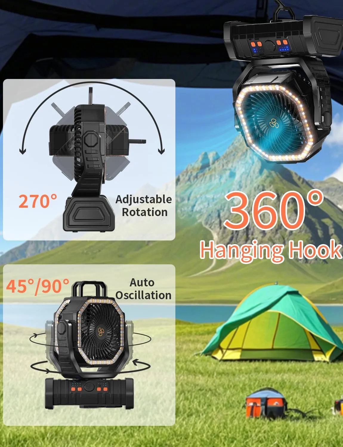Camping Fan Portable Battery Powered Operated Outdoor Tent Fan with LED Lantern Light 20000mAh Rechargeable, Oscillating with Remote, 360° Rotating Hanging Hook, Cordless USB Desk Fan(Black)