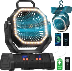 Camping Fan Portable Battery Powered Operated Outdoor Tent Fan with LED Lantern Light 20000mAh Rechargeable, Oscillating with Remote, 360° Rotating Hanging Hook, Cordless USB Desk Fan(Black)