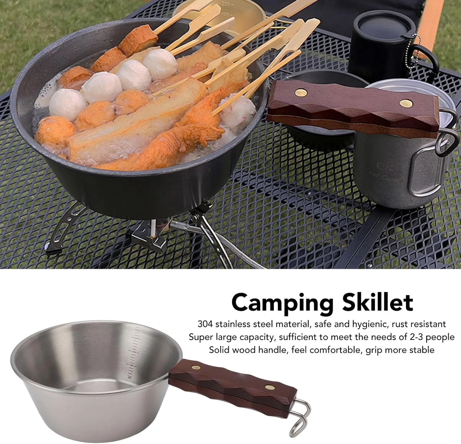 Camping Skillet, 2000ML Large Capacity Frying Pan Skillet with Wood Handle, 304 Stainless Steel Material, Included A Storage Bag, for Camping, Hiking, Picnics