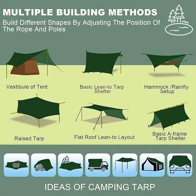 Camping Tarp, 14 X 12FT Tarp with 2 Poles, Waterproof & Lightweight Tent Tarp Car Awning, UV UPF50  Rain Fly Sun Shelter Can Used with Hammock in Outdoor, Garden and Backpacking