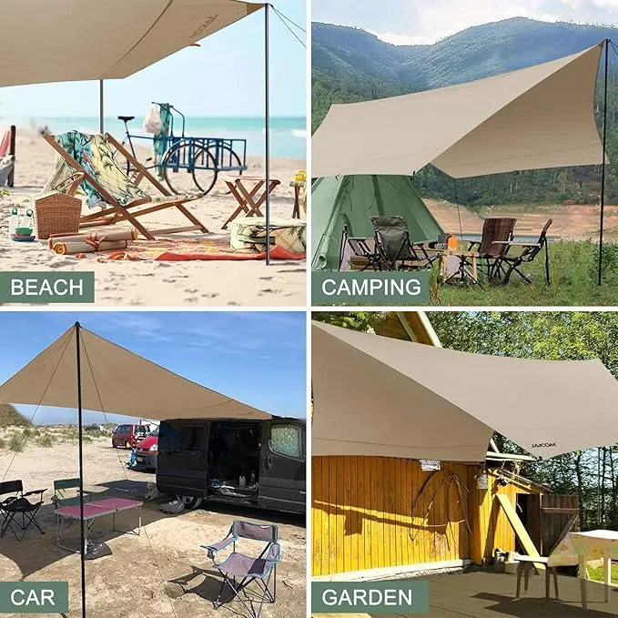 Camping Tarp, 14 X 12FT Tarp with 2 Poles, Waterproof & Lightweight Tent Tarp Car Awning, UV UPF50  Rain Fly Sun Shelter Can Used with Hammock in Outdoor, Garden and Backpacking
