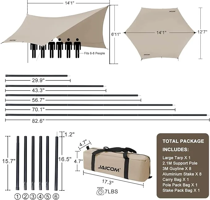 Camping Tarp, 14 X 12FT Tarp with 2 Poles, Waterproof & Lightweight Tent Tarp Car Awning, UV UPF50  Rain Fly Sun Shelter Can Used with Hammock in Outdoor, Garden and Backpacking