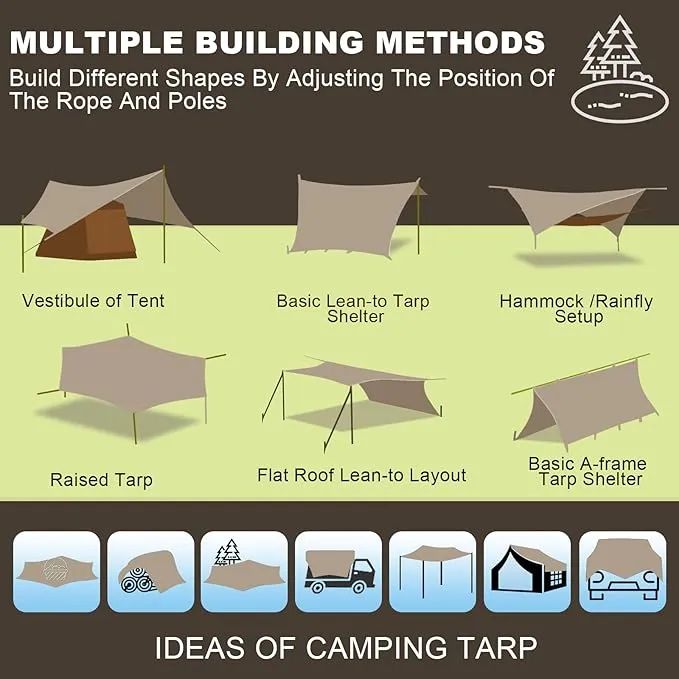 Camping Tarp, 14 X 12FT Tarp with 2 Poles, Waterproof & Lightweight Tent Tarp Car Awning, UV UPF50  Rain Fly Sun Shelter Can Used with Hammock in Outdoor, Garden and Backpacking