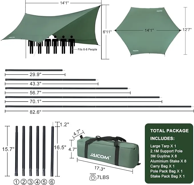 Camping Tarp, 14 X 12FT Tarp with 2 Poles, Waterproof & Lightweight Tent Tarp Car Awning, UV UPF50  Rain Fly Sun Shelter Can Used with Hammock in Outdoor, Garden and Backpacking
