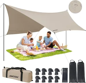 Camping Tarp, 14 X 12FT Tarp with 2 Poles, Waterproof & Lightweight Tent Tarp Car Awning, UV UPF50  Rain Fly Sun Shelter Can Used with Hammock in Outdoor, Garden and Backpacking