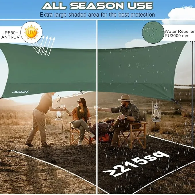 Camping Tarp, 14 X 12FT Tarp with 2 Poles, Waterproof & Lightweight Tent Tarp Car Awning, UV UPF50  Rain Fly Sun Shelter Can Used with Hammock in Outdoor, Garden and Backpacking