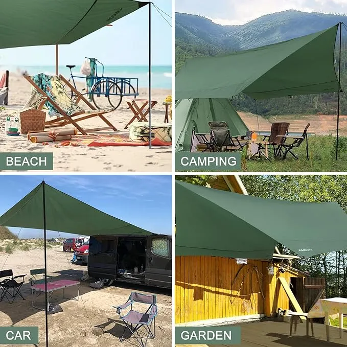 Camping Tarp, 14 X 12FT Tarp with 2 Poles, Waterproof & Lightweight Tent Tarp Car Awning, UV UPF50  Rain Fly Sun Shelter Can Used with Hammock in Outdoor, Garden and Backpacking