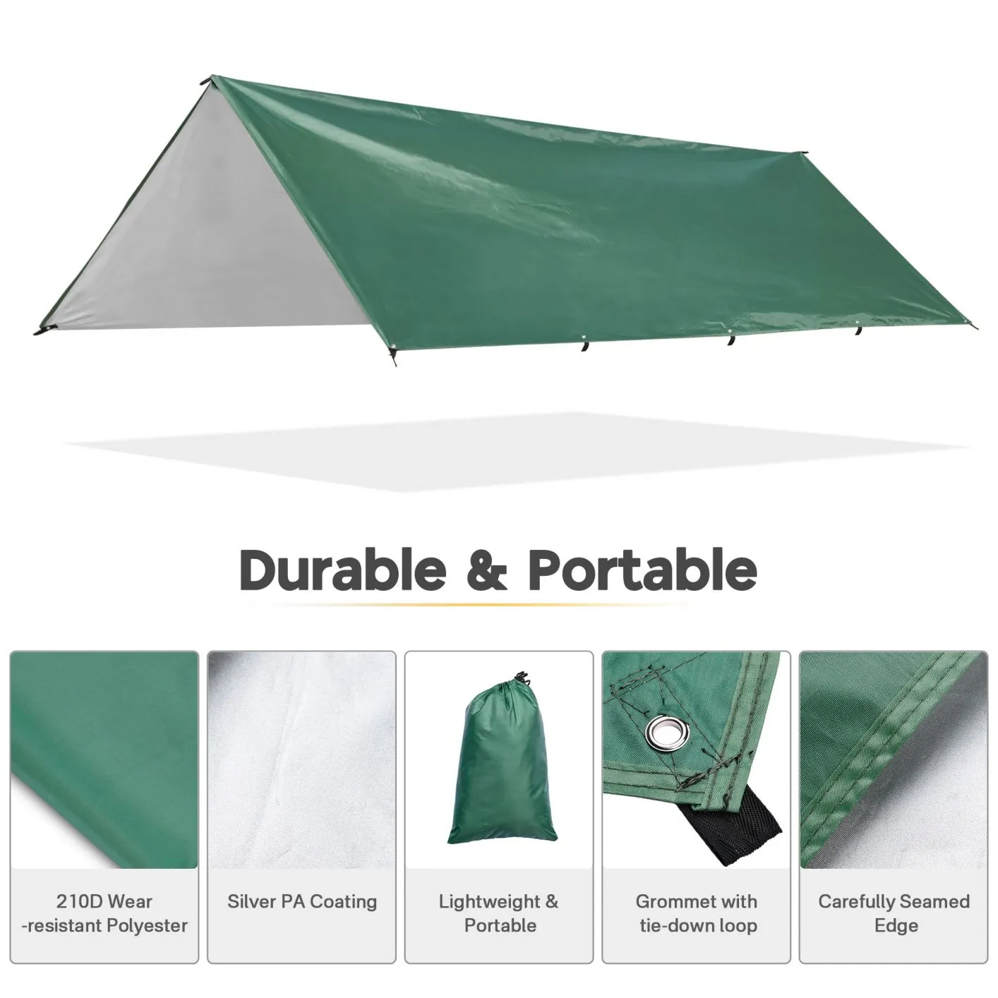 Camping Tent Tarp Hammock Rain Fly Waterproof Hiking Backpacking Shelter Green, 15Ft