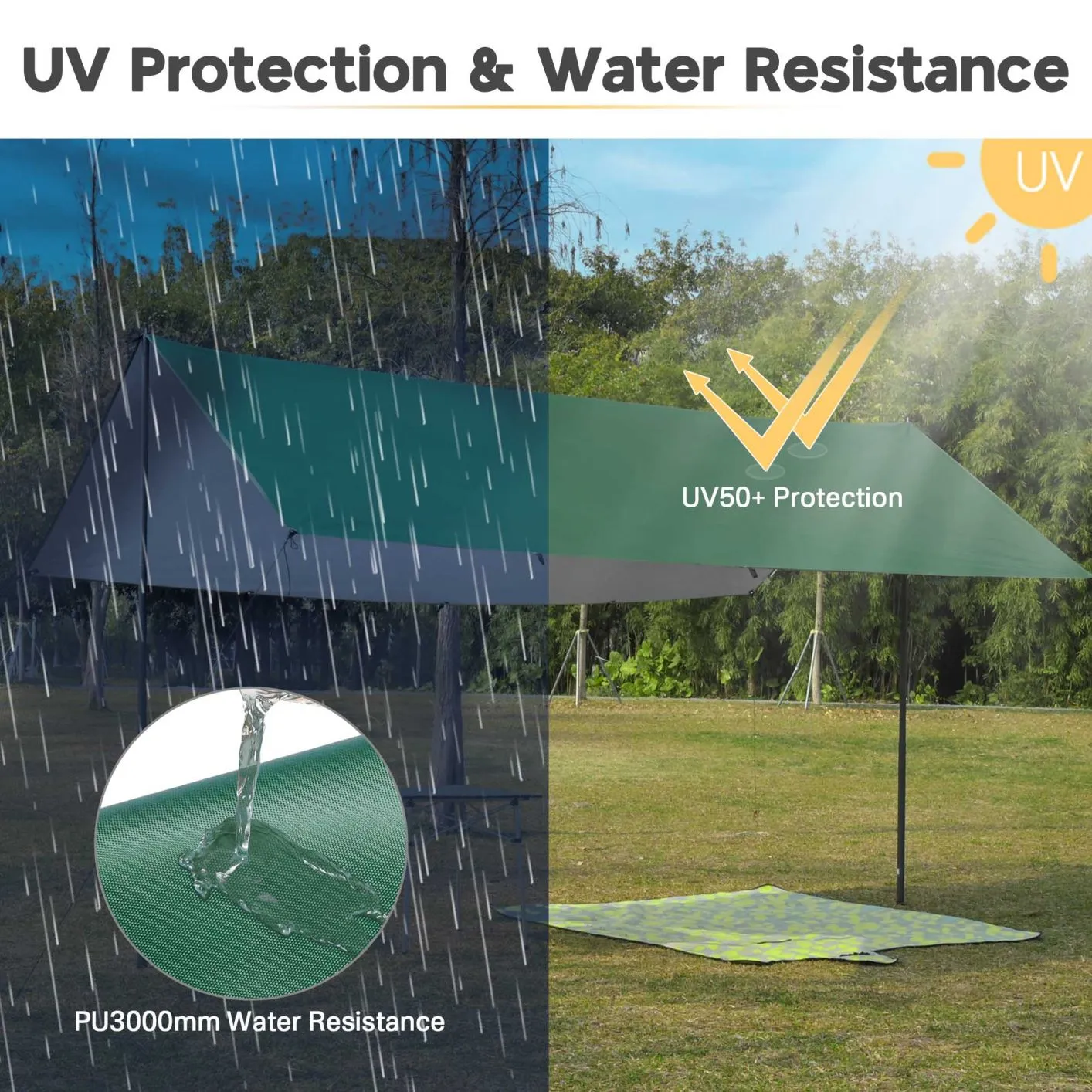 Camping Tent Tarp Hammock Rain Fly Waterproof Hiking Backpacking Shelter Green, 15Ft