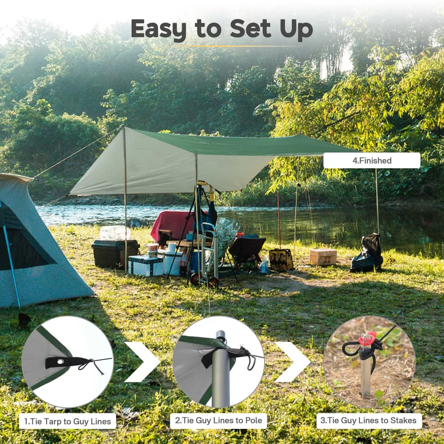 Camping Tent Tarp Hammock Rain Fly Waterproof Hiking Backpacking Shelter Green, 15Ft
