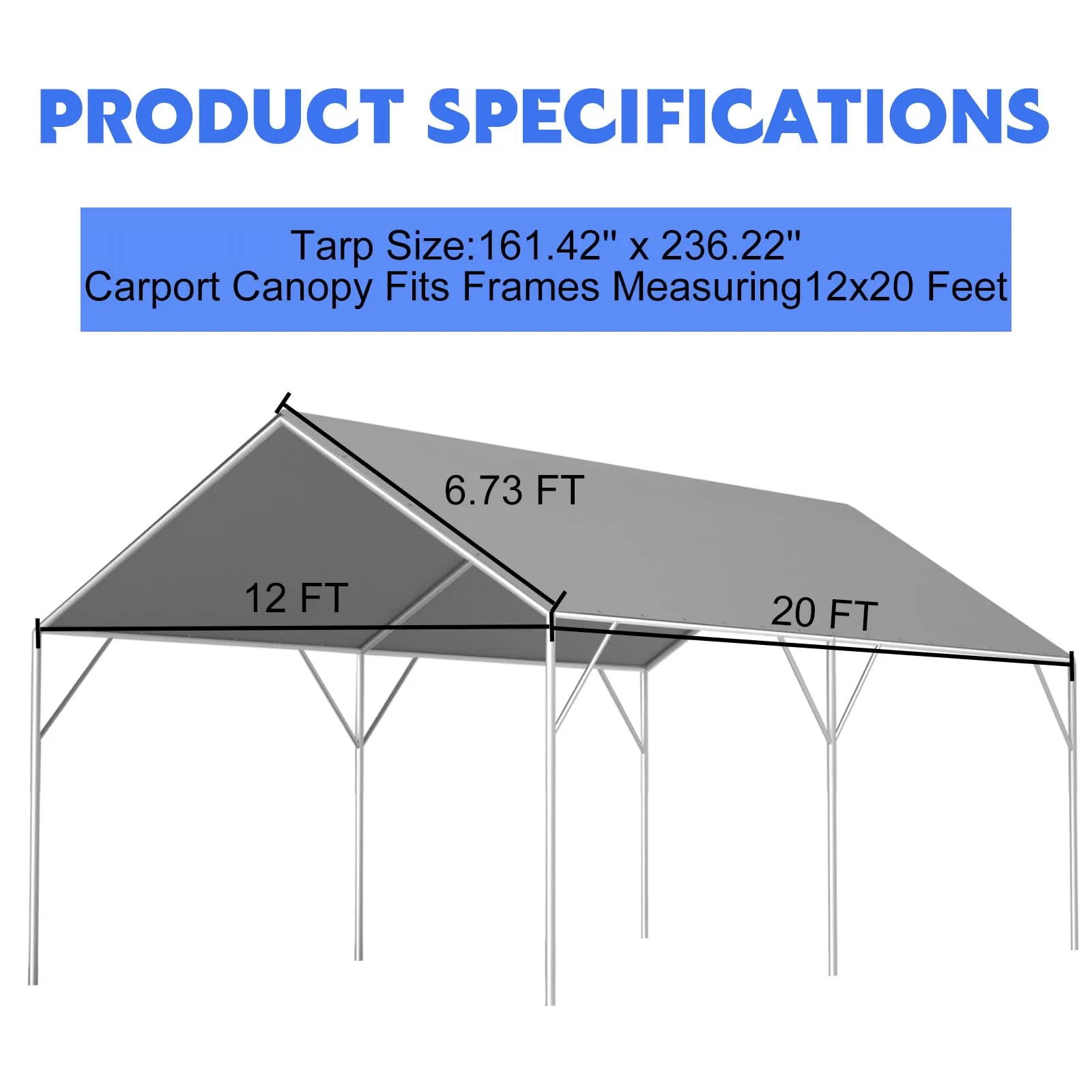 Canopy Tarp Replacement Cover for 12' x 20' Carport Frame, 200G Heavy Duty Replacement Top Cover for Car Garage, Waterproof & UV Protected Tarp with 50 Ball Bungees (Only Cover), Grey