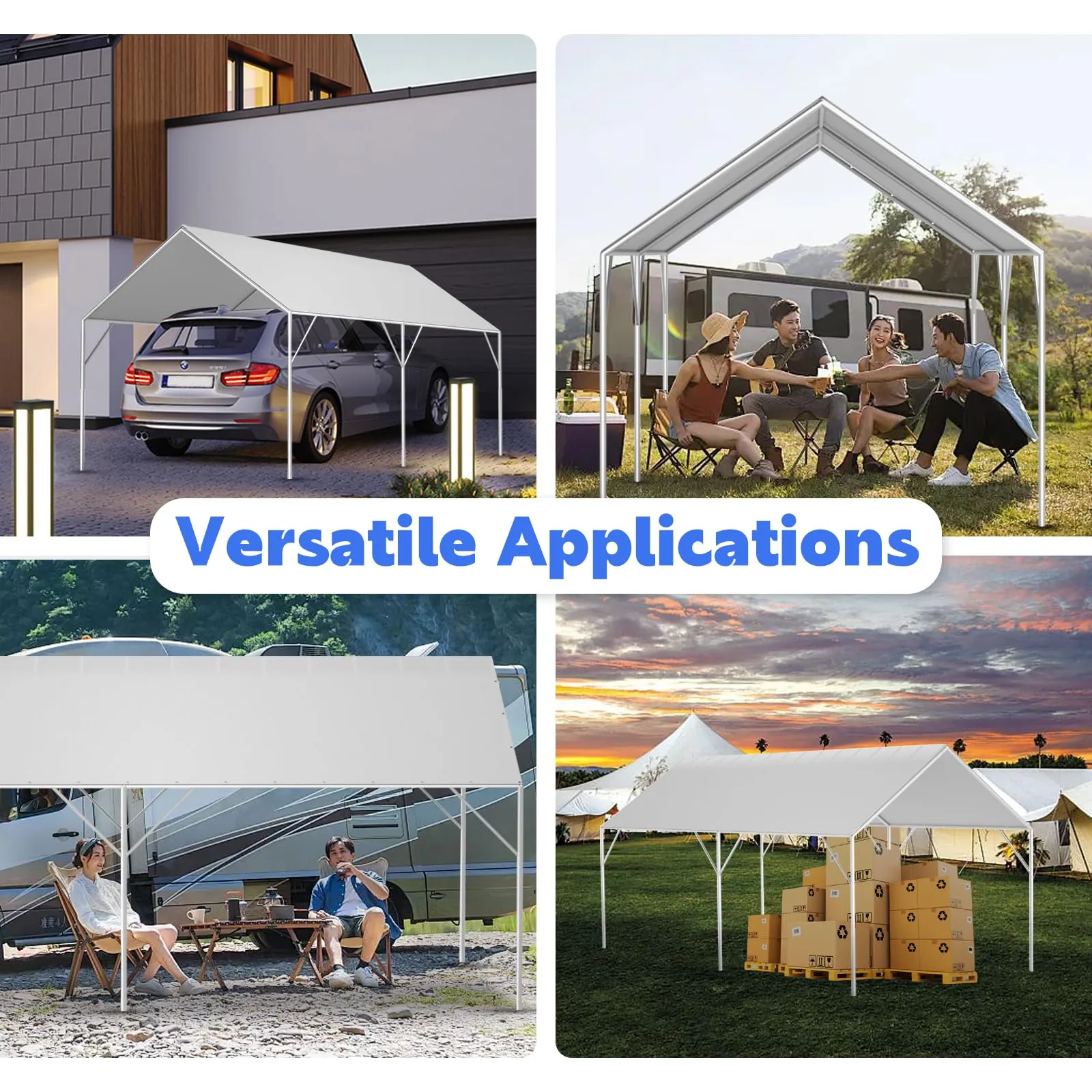 Canopy Tarp Replacement Cover for 12' x 20' Carport Frame, 200G Heavy Duty Replacement Top Cover for Car Garage, Waterproof & UV Protected Tarp with 50 Ball Bungees (Only Cover), Grey