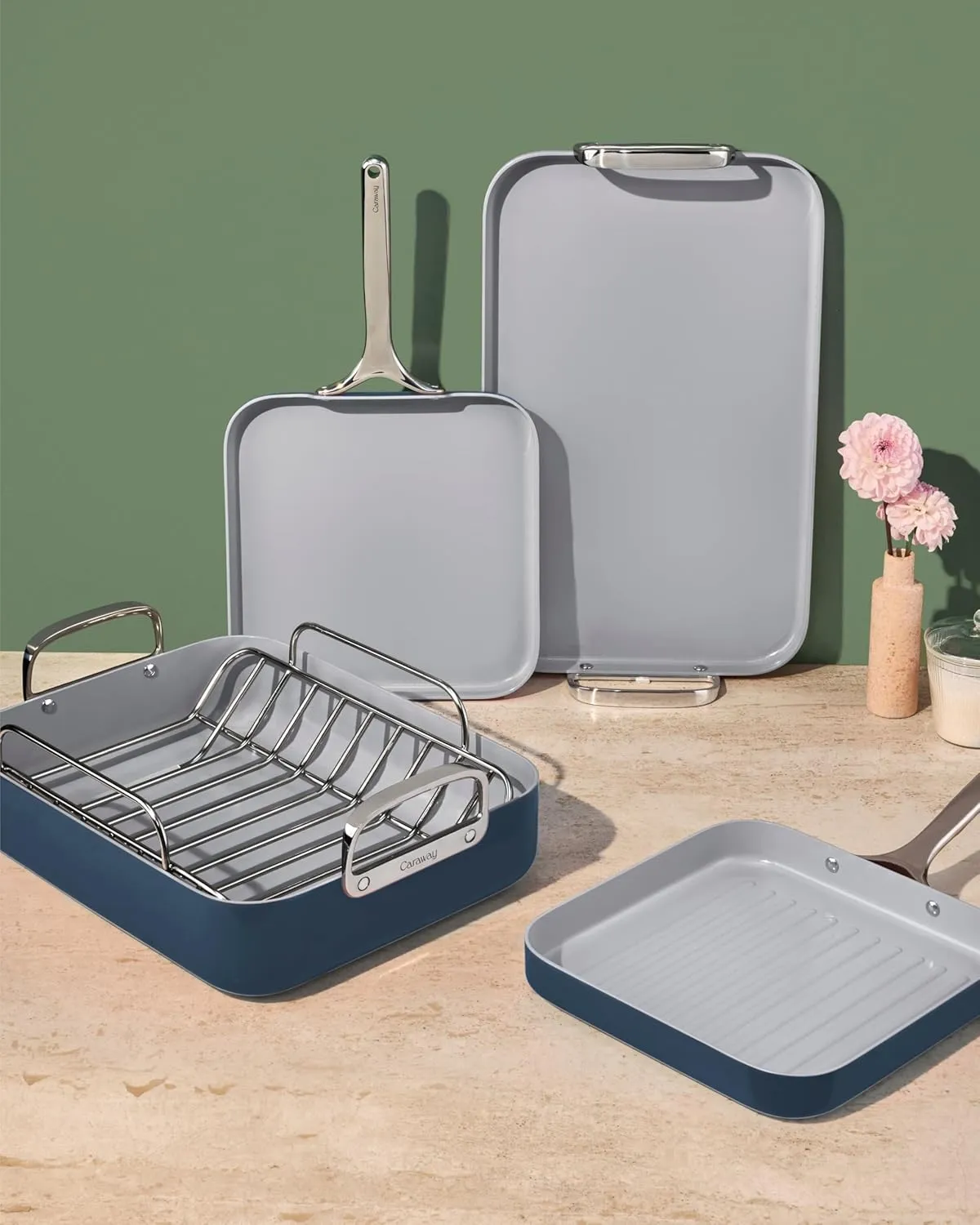 Caraway Square Cookware Set - Square Pans Set - Perfect for Griddling, Toasting, Searing, Roasting, and More - Non-Stick Ceramic Coated Pans - Non Toxic, PTFE & PFOA Free - Marigold