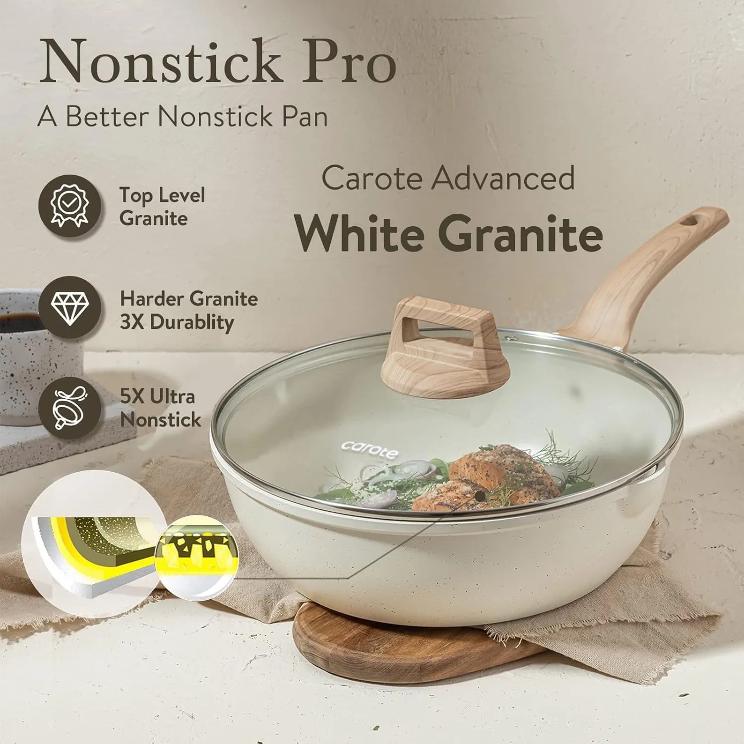 CAROTE 12Inch Nonstick Deep Frying Pan with Lid, 5.5 Qt Jumbo Cooker Saute Pan with Pour Spout, Skillet Induction Cookware, Non Stick Cooking Pan Kitchen Pan PFOA Free, White Granite