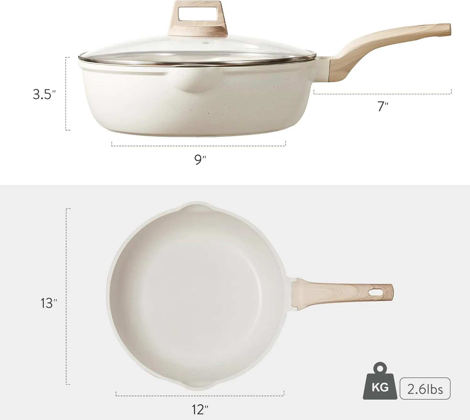 CAROTE 12Inch Nonstick Deep Frying Pan with Lid, 5.5 Qt Jumbo Cooker Saute Pan with Pour Spout, Skillet Induction Cookware, Non Stick Cooking Pan Kitchen Pan PFOA Free, White Granite