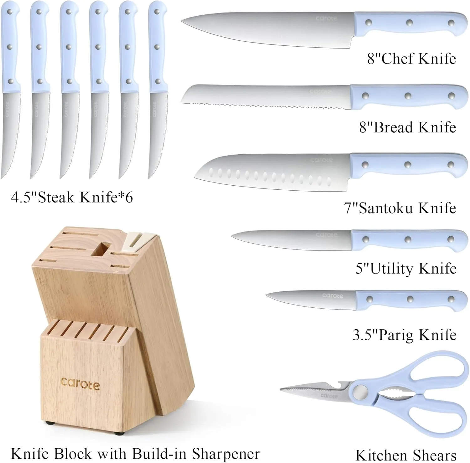 CAROTE 14 Pieces Knife Set with Block, Forged, High Carbon Stainless Steel Sharp Blade Block Knife Set, Dishwasher Safe Cutlery, Blue