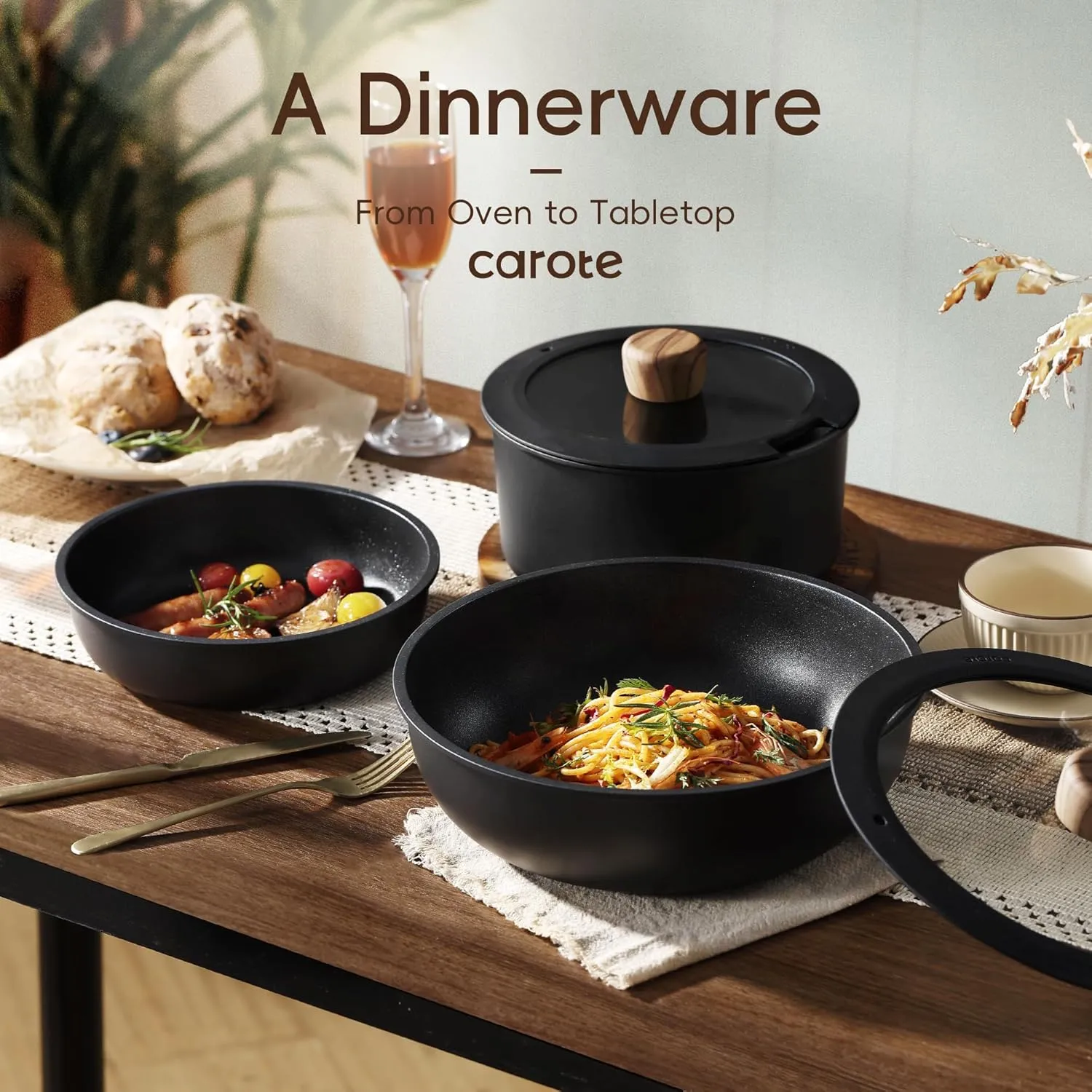CAROTE 17pcs Pots and Pans Set, Nonstick Cookware Set Detachable Handle, Induction Kitchen Cookware Sets Non Stick with Removable Handle, RV Cookware Set, Oven Safe, Jet Black