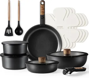 CAROTE 17pcs Pots and Pans Set, Nonstick Cookware Set Detachable Handle, Induction Kitchen Cookware Sets Non Stick with Removable Handle, RV Cookware Set, Oven Safe, Jet Black