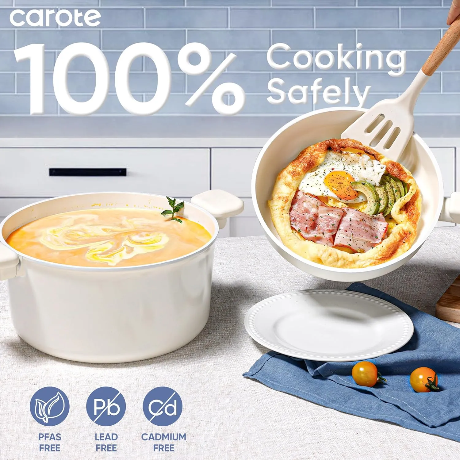CAROTE 18Pcs Nonstick Ceramic Cookware Set, PFAS/PFOA Free, Cream White Pots and Pans Set Non Stick, Non-toxic Cookware,Kitchen Cooking Pan Set, Large Capacity