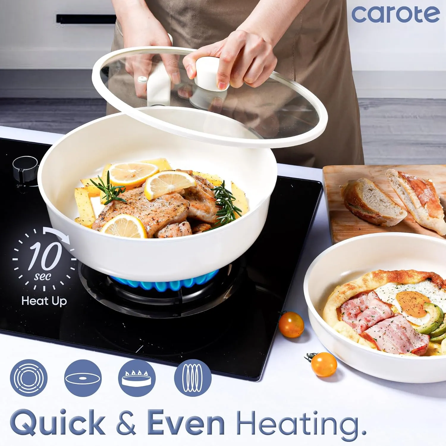 CAROTE 18Pcs Nonstick Ceramic Cookware Set, PFAS/PFOA Free, Cream White Pots and Pans Set Non Stick, Non-toxic Cookware,Kitchen Cooking Pan Set, Large Capacity