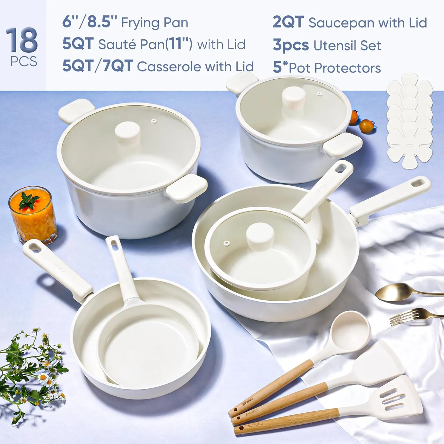 CAROTE 18Pcs Nonstick Ceramic Cookware Set, PFAS/PFOA Free, Cream White Pots and Pans Set Non Stick, Non-toxic Cookware,Kitchen Cooking Pan Set, Large Capacity
