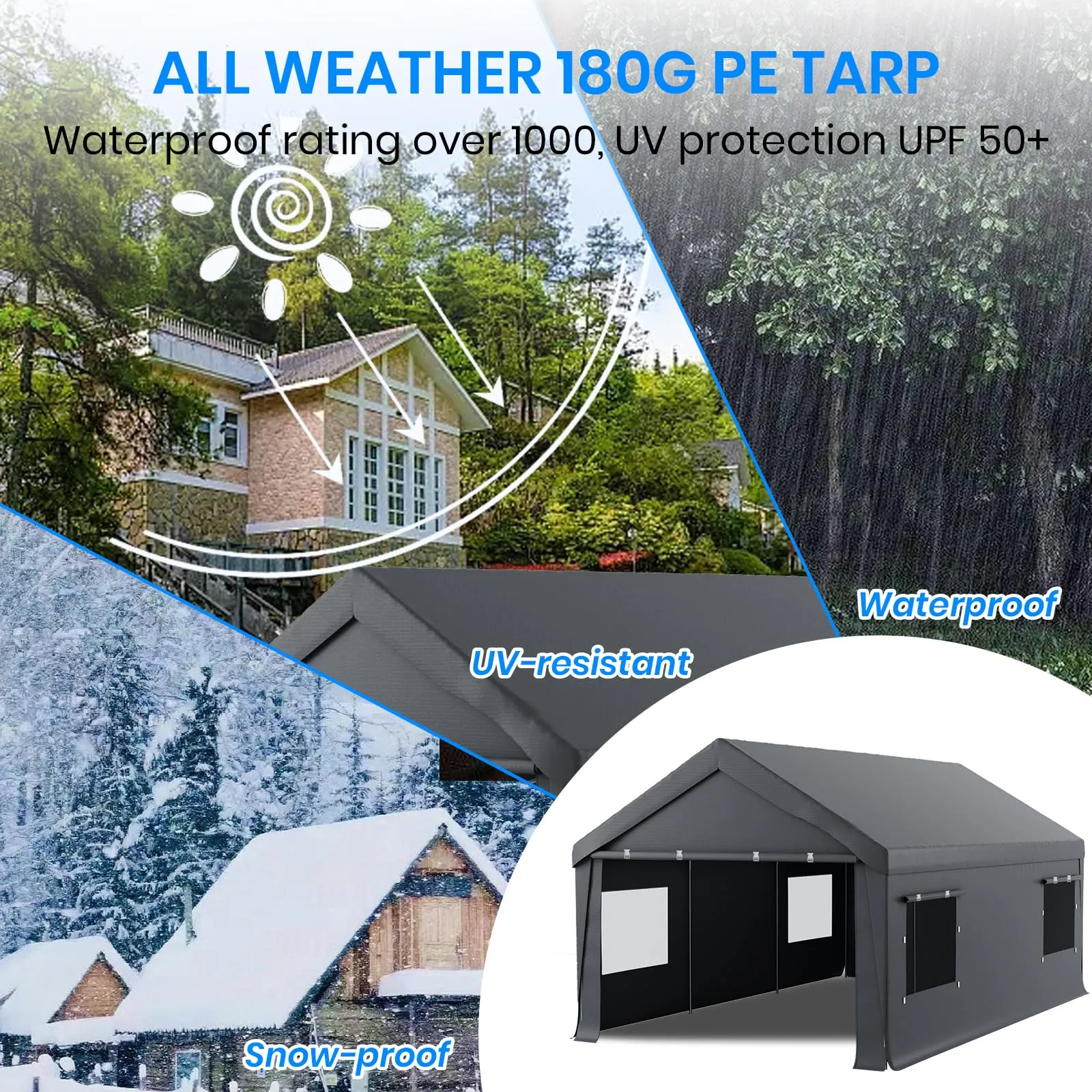 Carport 10x20 Heavy Duty Portable Garage,Carport Canopy with Roll-Up Windows & Doors,Portable Garages and Shelters with Removable Sidewalls,Car Tent Garage with All-Season Tarp for Tractor Truck BIK