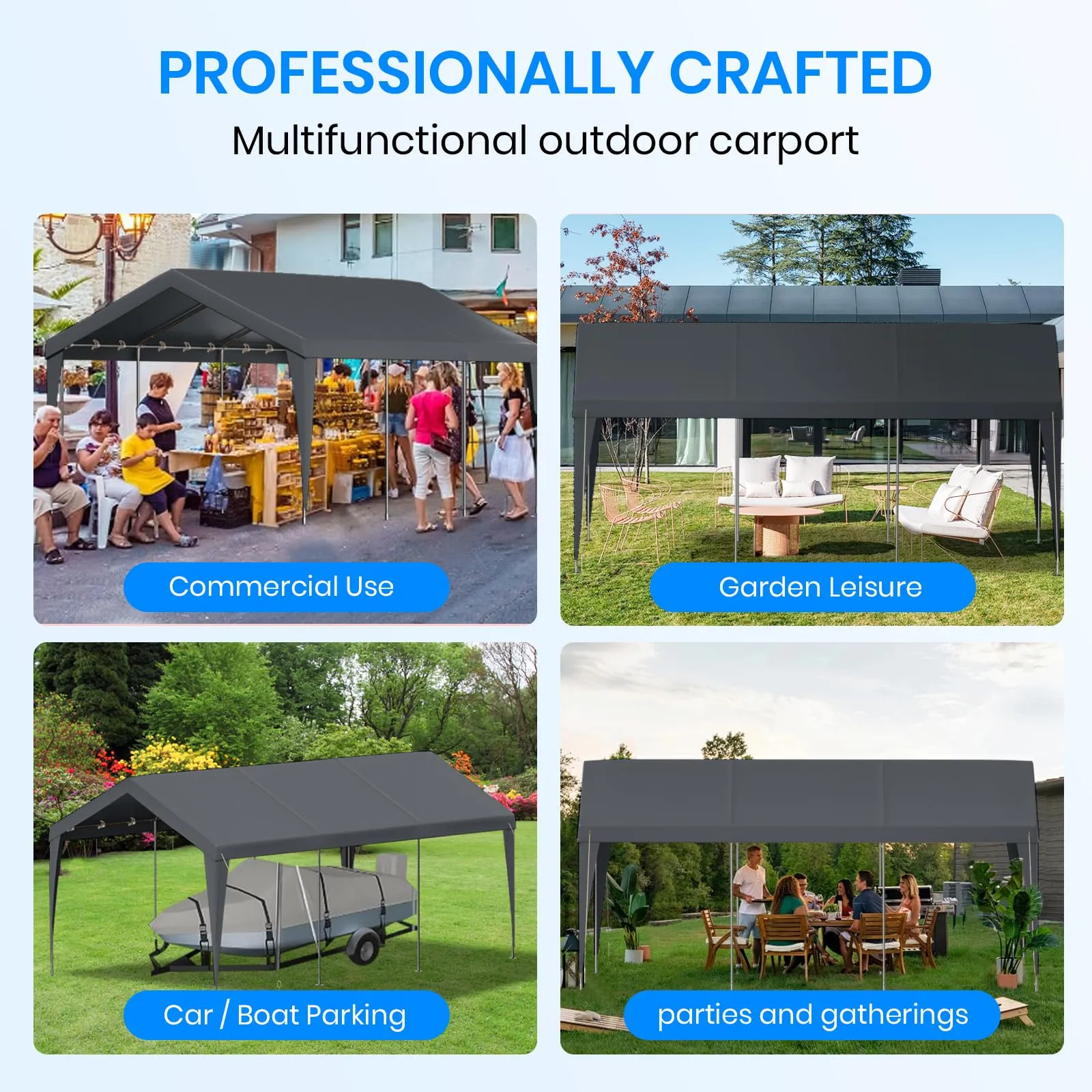 Carport 10x20 Heavy Duty Portable Garage,Galvanized Frame Carport Canopy,Portable Garages and Shelters with 8 Leg&4 Wind Rope,Car Tent Garage with All-Season Tarp for Boat Truck Bike,Without Sidewall