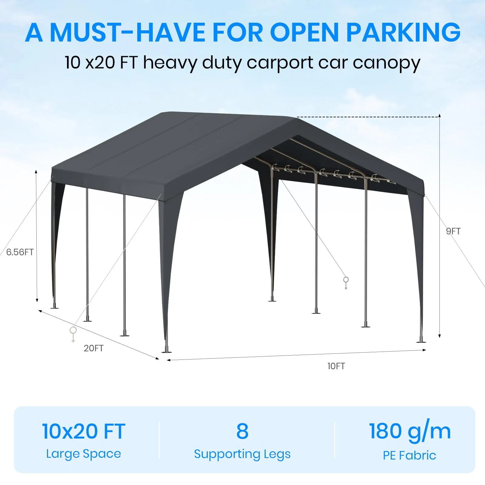 Carport 10x20 Heavy Duty Portable Garage,Galvanized Frame Carport Canopy,Portable Garages and Shelters with 8 Leg&4 Wind Rope,Car Tent Garage with All-Season Tarp for Boat Truck Bike,Without Sidewall