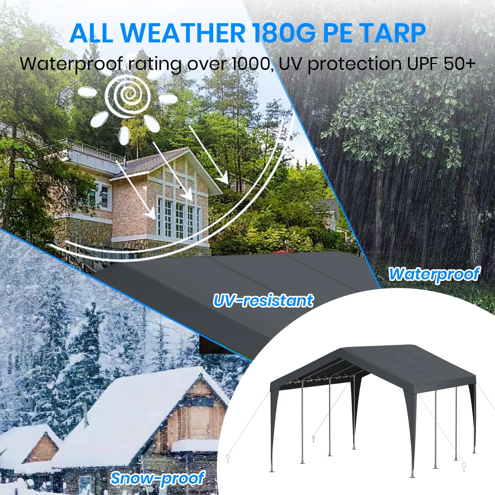 Carport 10x20 Heavy Duty Portable Garage,Galvanized Frame Carport Canopy,Portable Garages and Shelters with 8 Leg&4 Wind Rope,Car Tent Garage with All-Season Tarp for Boat Truck Bike,Without Sidewall