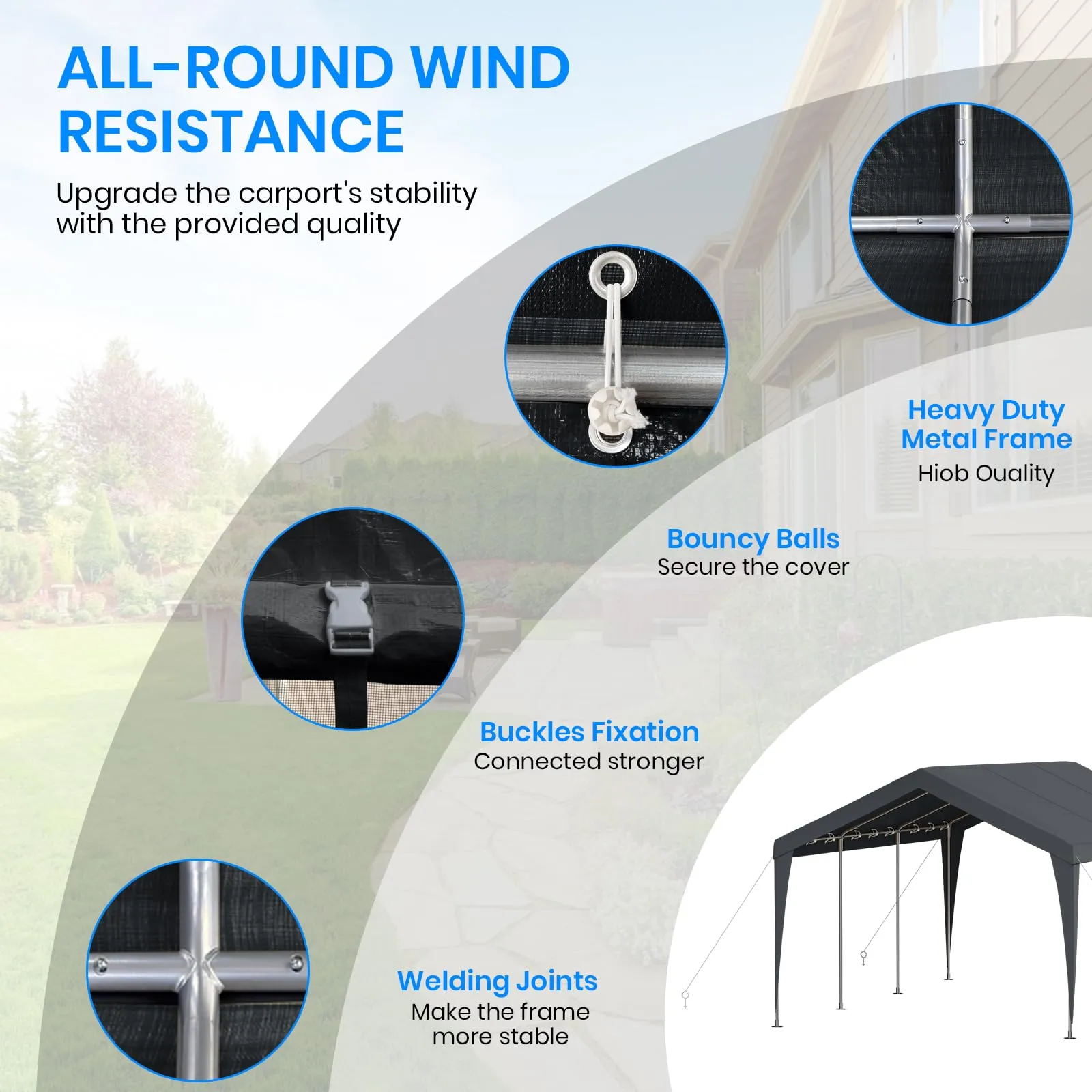 Carport 10x20 Heavy Duty Portable Garage,Galvanized Frame Carport Canopy,Portable Garages and Shelters with 8 Leg&4 Wind Rope,Car Tent Garage with All-Season Tarp for Boat Truck Bike,Without Sidewall