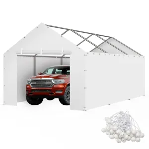 Carport Replacement Canopy Cover Sidewalls for 10x20FT Frame, Heavy Duty Garage Car Tent Shelter Tarp with Ball Bungees, Waterproof & UV Protected (White, Frame is not Included)