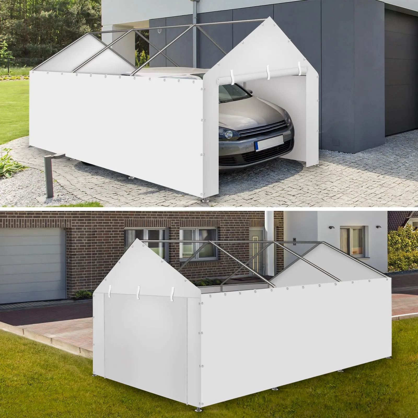 Carport Replacement Canopy Cover Sidewalls for 10x20FT Frame, Heavy Duty Garage Car Tent Shelter Tarp with Ball Bungees, Waterproof & UV Protected (White, Frame is not Included)