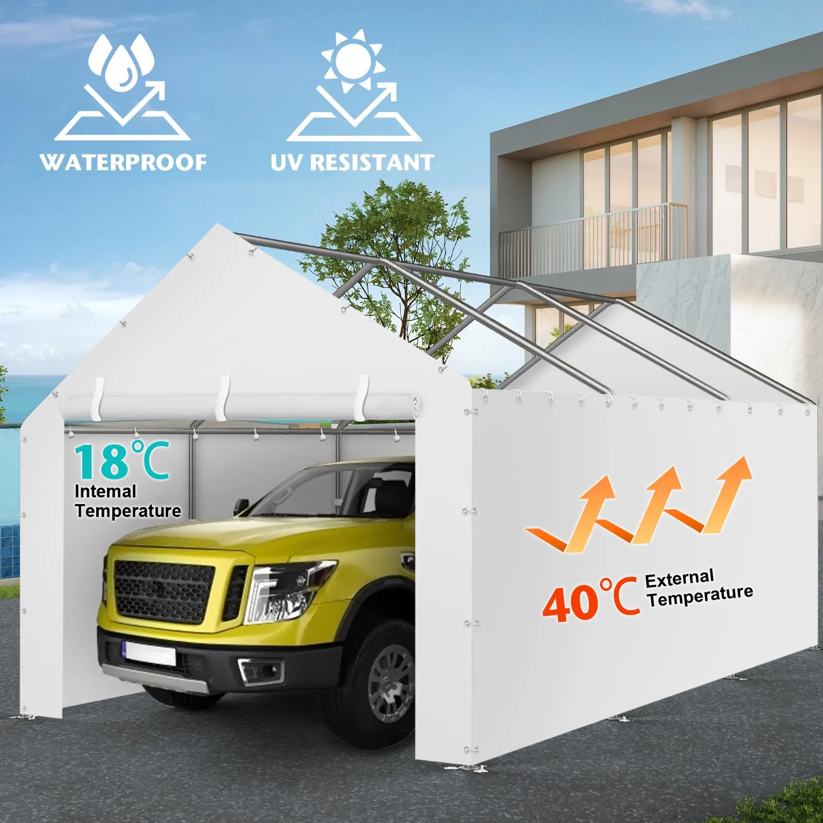 Carport Replacement Canopy Cover Sidewalls for 10x20FT Frame, Heavy Duty Garage Car Tent Shelter Tarp with Ball Bungees, Waterproof & UV Protected (White, Frame is not Included)