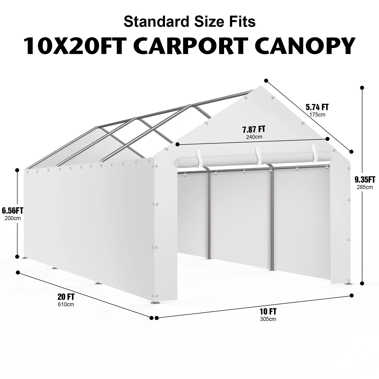 Carport Replacement Canopy Cover Sidewalls for 10x20FT Frame, Heavy Duty Garage Car Tent Shelter Tarp with Ball Bungees, Waterproof & UV Protected (White, Frame is not Included)