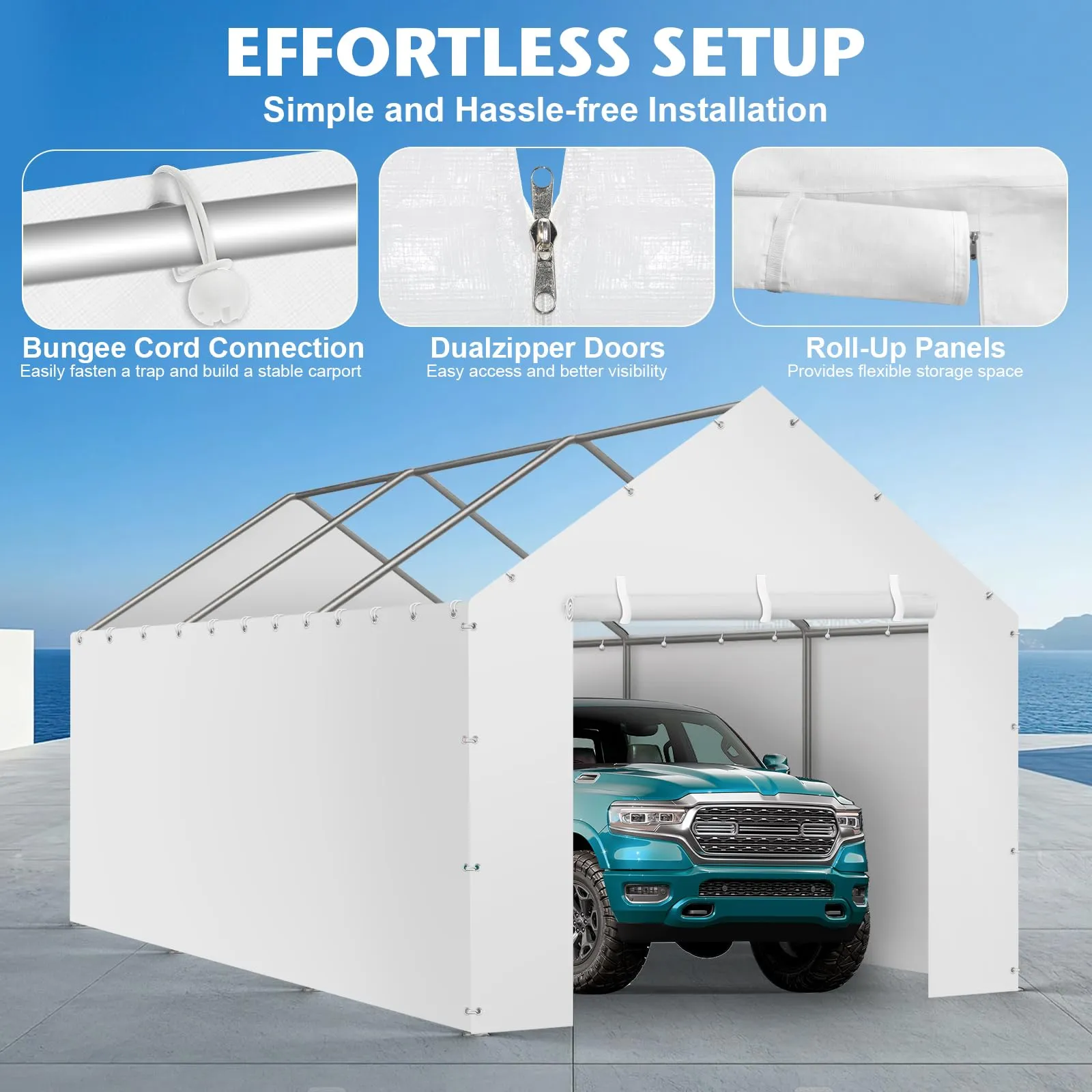 Carport Replacement Canopy Cover Sidewalls for 10x20FT Frame, Heavy Duty Garage Car Tent Shelter Tarp with Ball Bungees, Waterproof & UV Protected (White, Frame is not Included)