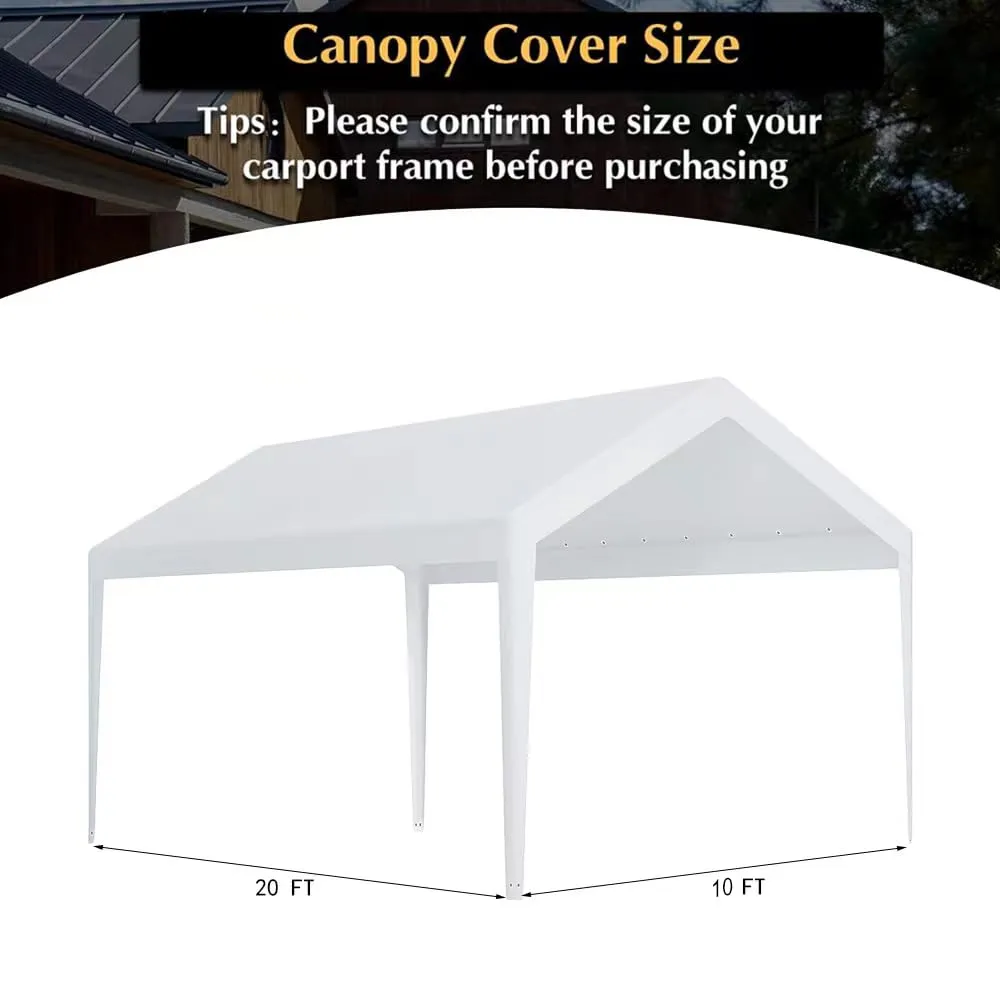 Carport Replacement Canopy, Replacement Top Cover for 10' x 20' Carport Frame, 180G PE Fabric Waterproof & UV Protected Tarp with Ball Bungees, White (Only Top Cover, Frame is not Included)