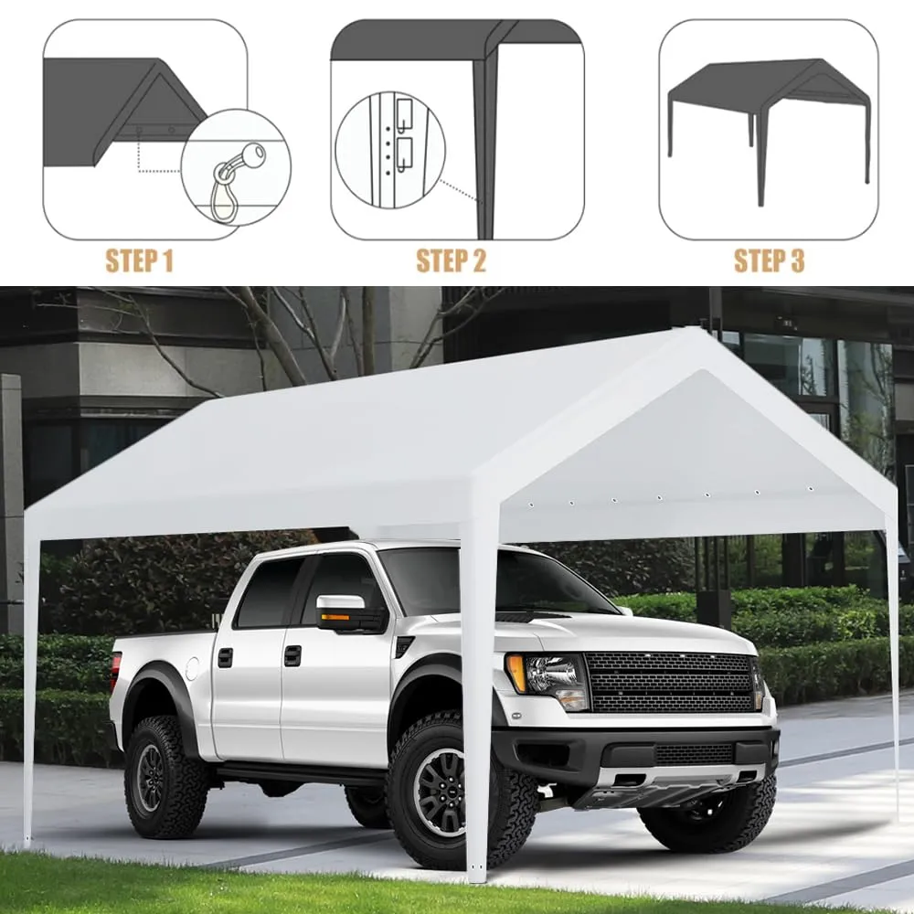 Carport Replacement Canopy, Replacement Top Cover for 10' x 20' Carport Frame, 180G PE Fabric Waterproof & UV Protected Tarp with Ball Bungees, White (Only Top Cover, Frame is not Included)