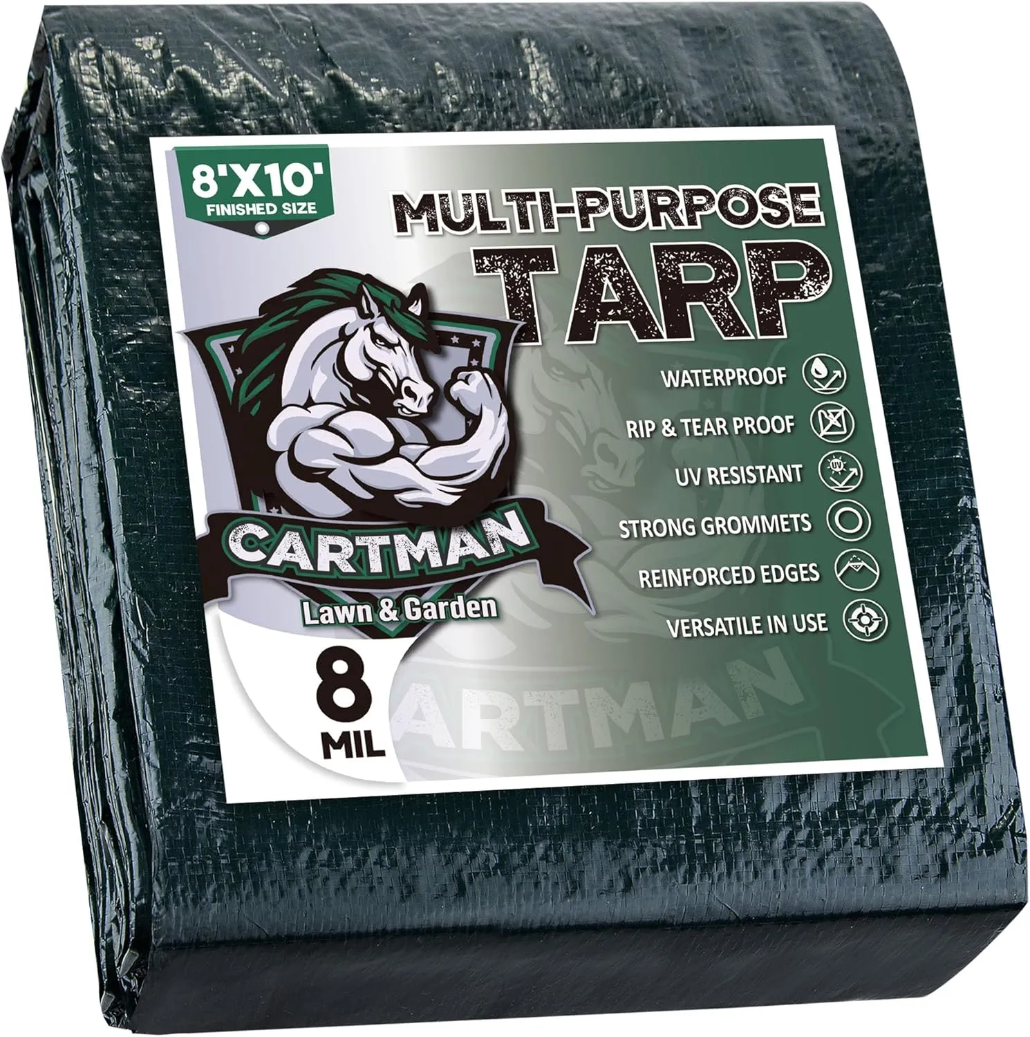 CARTMAN 2 Pack Finished Size 8x10 Feet Waterproof Green Tarp 8 Mil Thick, Multipurpose Protective Cover for Emergency Rain Shelter Camping Tarpaulin