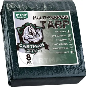 CARTMAN 2 Pack Finished Size 8x10 Feet Waterproof Green Tarp 8 Mil Thick, Multipurpose Protective Cover for Emergency Rain Shelter Camping Tarpaulin