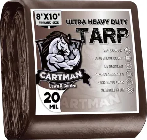 CARTMAN Finished Size 8x10 Feet Extra Thick 20 Mil Brown Ultra Heavy Duty Poly Tarp, Multipurpose Protective Cover, UV Resistant, Waterproof Poly Tarpaulin with Reinforced Edges