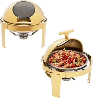 Chafing Dishes for Buffet 6QT,Round Chafing Dish Buffet Set Glass Lid & Lid Holder, Gold Stainless Steel Chafers and Buffet Warmers Sets for Parties, Wedding, Camping, Dinner